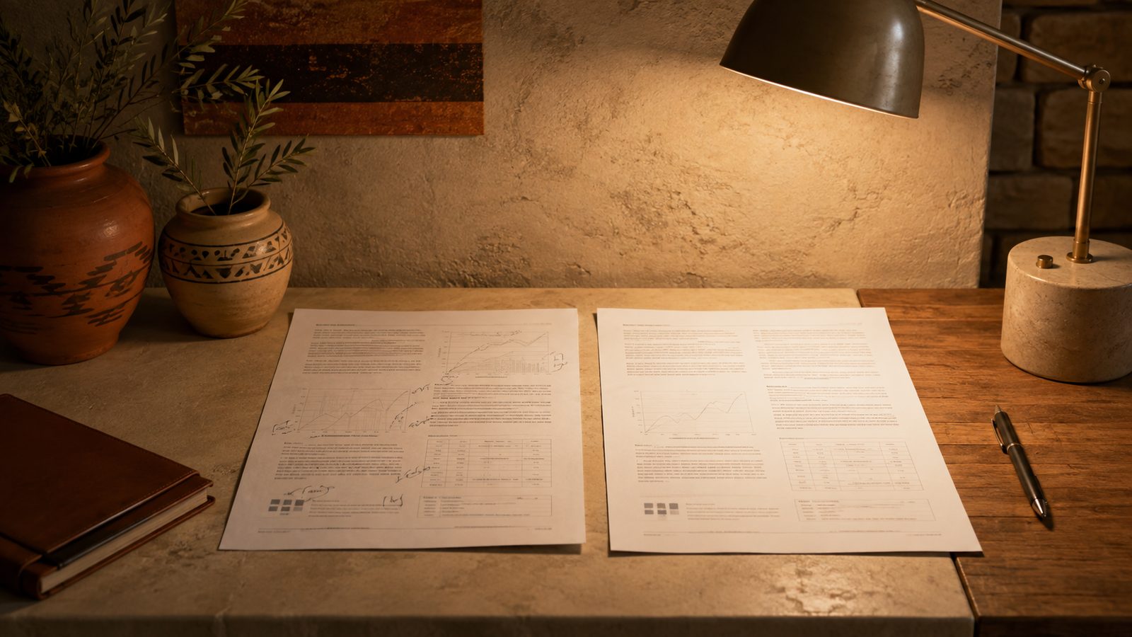 Two printed research pages laid side by side under a desk lamp, the left one annotated by hand in pen