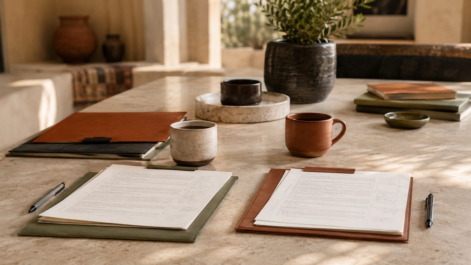 Two annotated review folders with pens and two coffee cups on a shared stone table in daylight