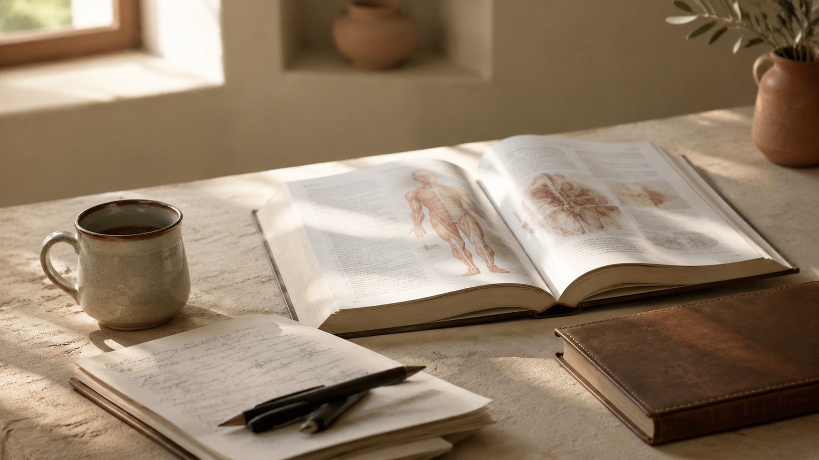 An open illustrated anatomy reference beside a handwritten notebook, pens and a stoneware mug on a sunlit plaster desk