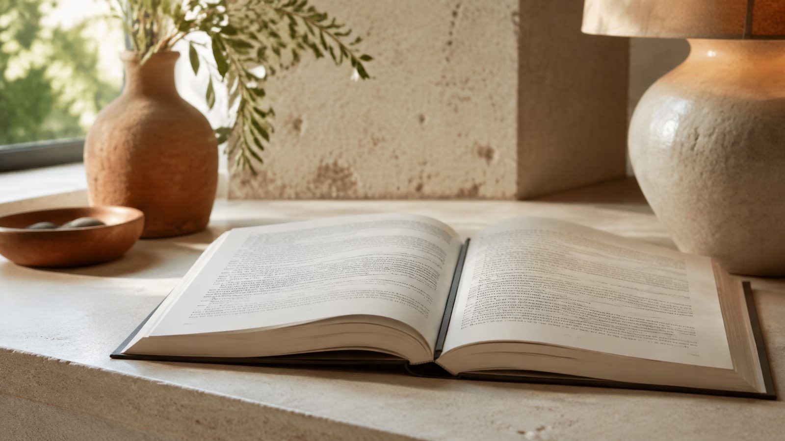 A hardback reference book open at a densely printed page on a stone ledge in soft window light