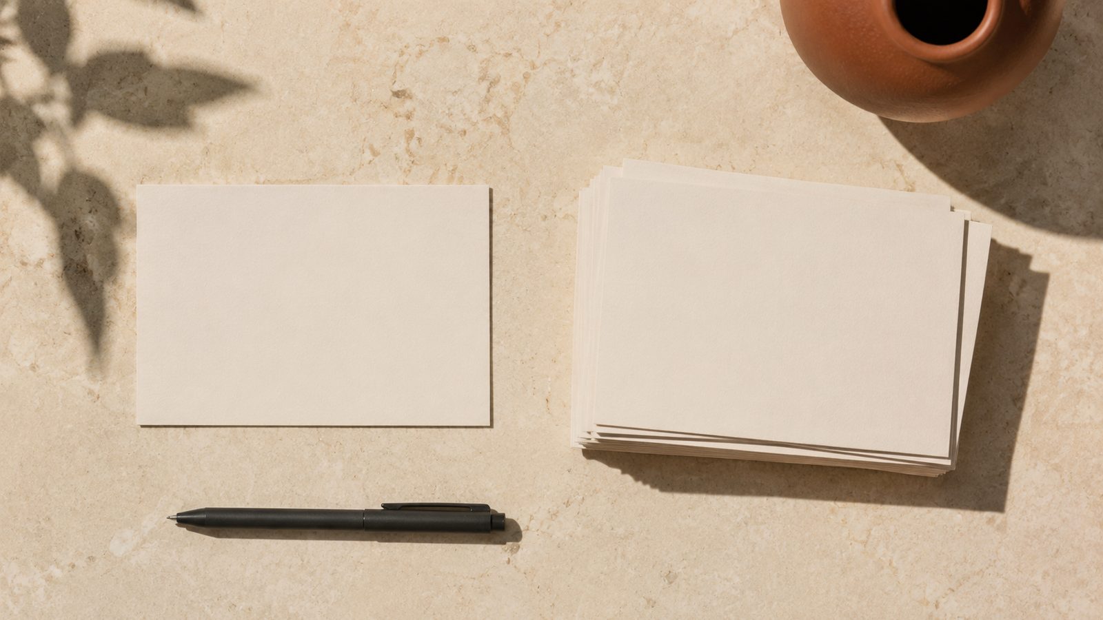 Overhead view of a single blank card beside a stack of several cards and a pen on a pale stone surface