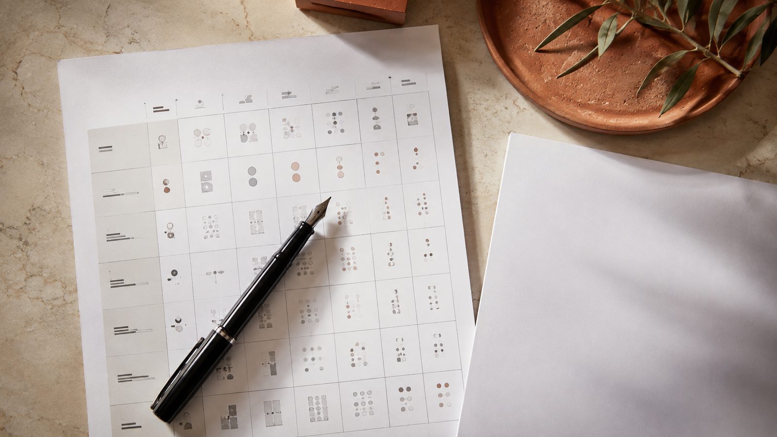 Overhead view of a printed study protocol showing a grid of conditions, with a fountain pen resting across it