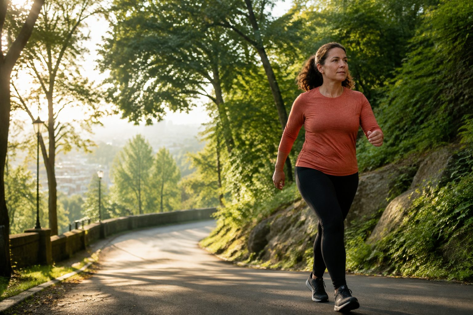 A woman walking briskly along a tree-lined road at sunrise