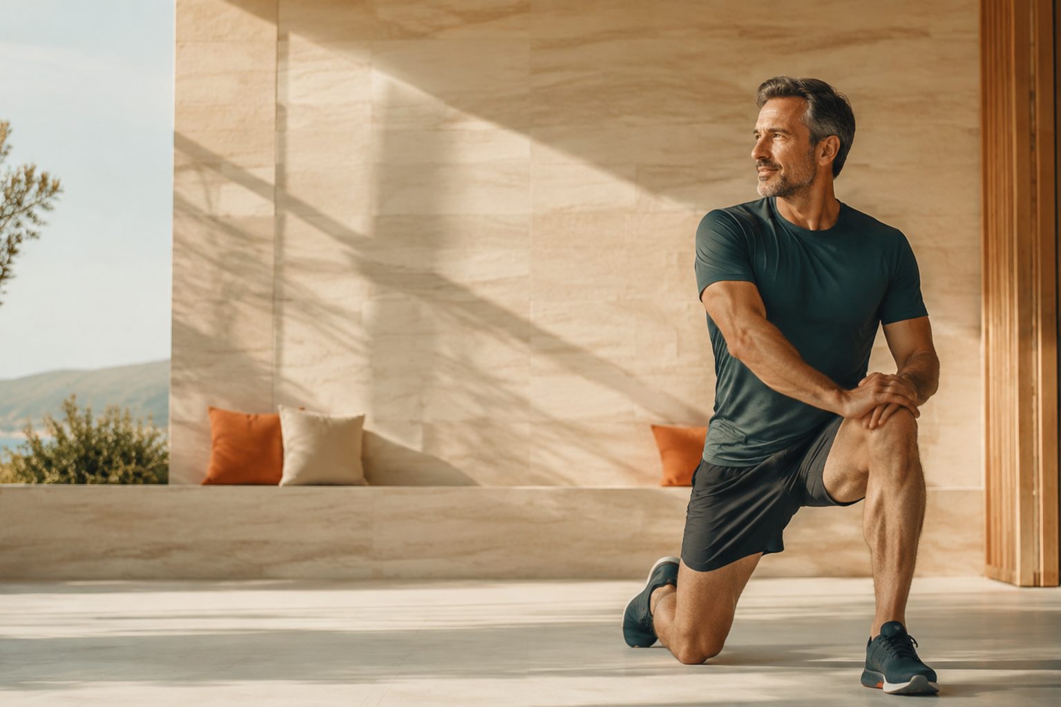 A man holding a lunge stretch on a sunlit outdoor patio