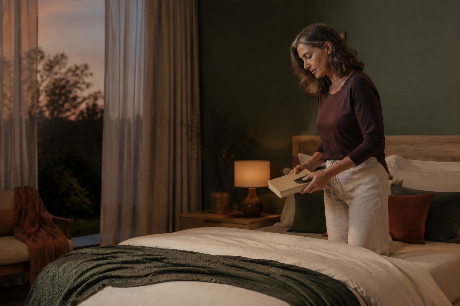 A woman setting a book down on a made bed in a dimly lit room at dusk