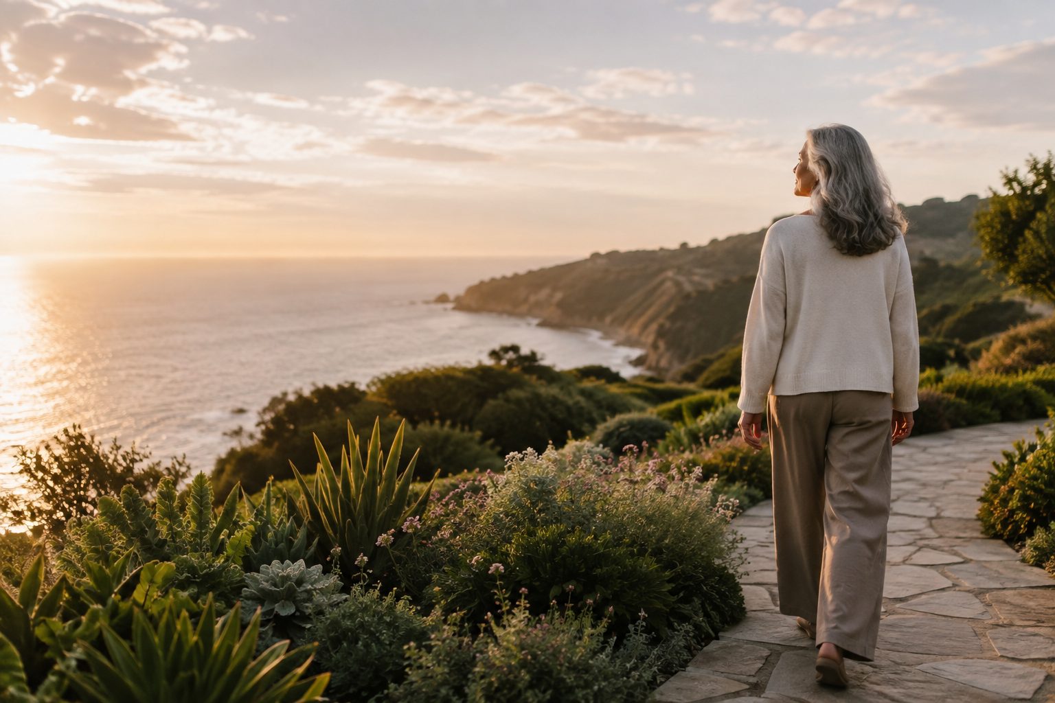 A silver-haired woman walking a coastal path above the ocean at sunset