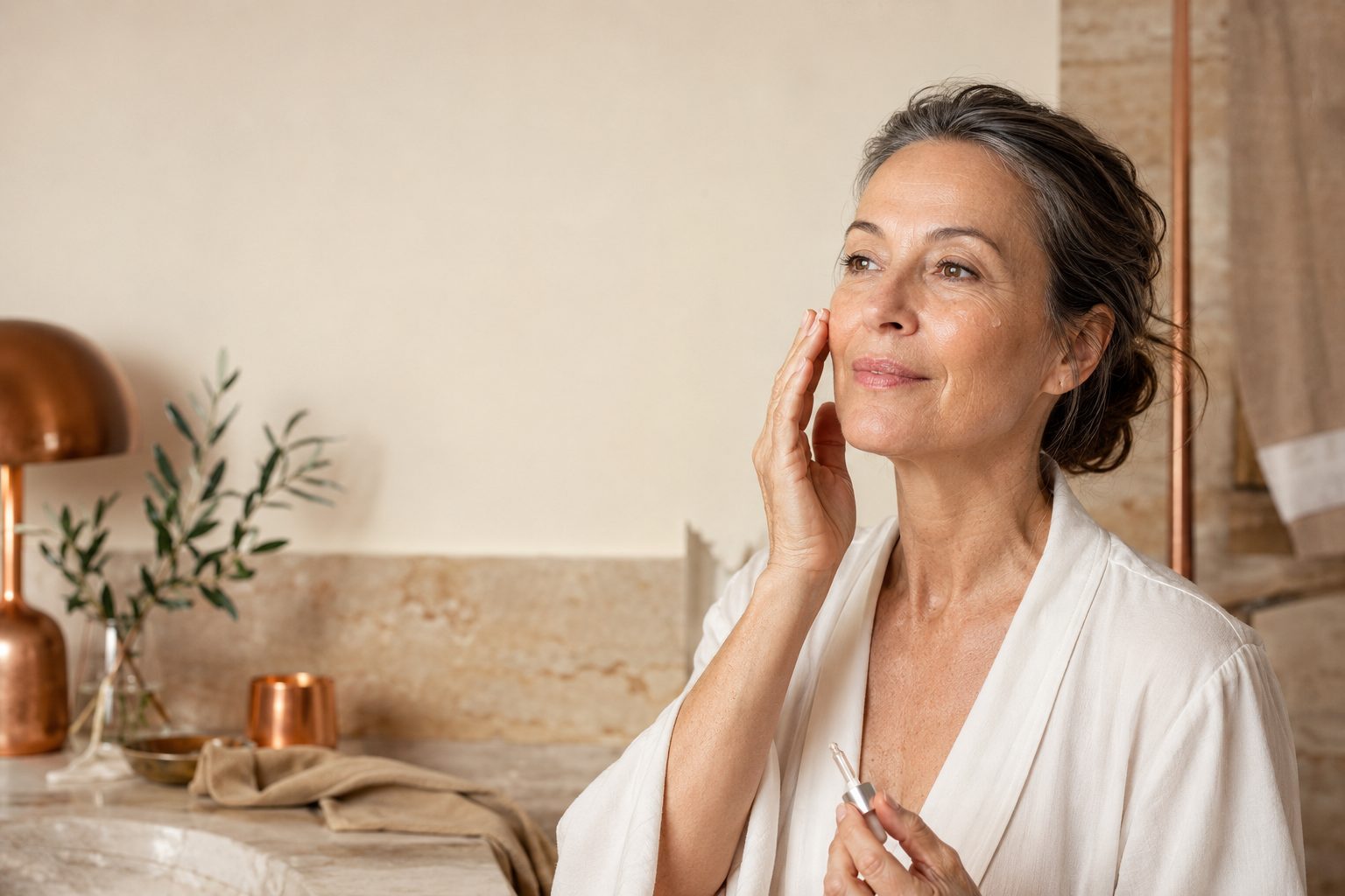A woman applying facial serum in a warm, softly lit bathroom