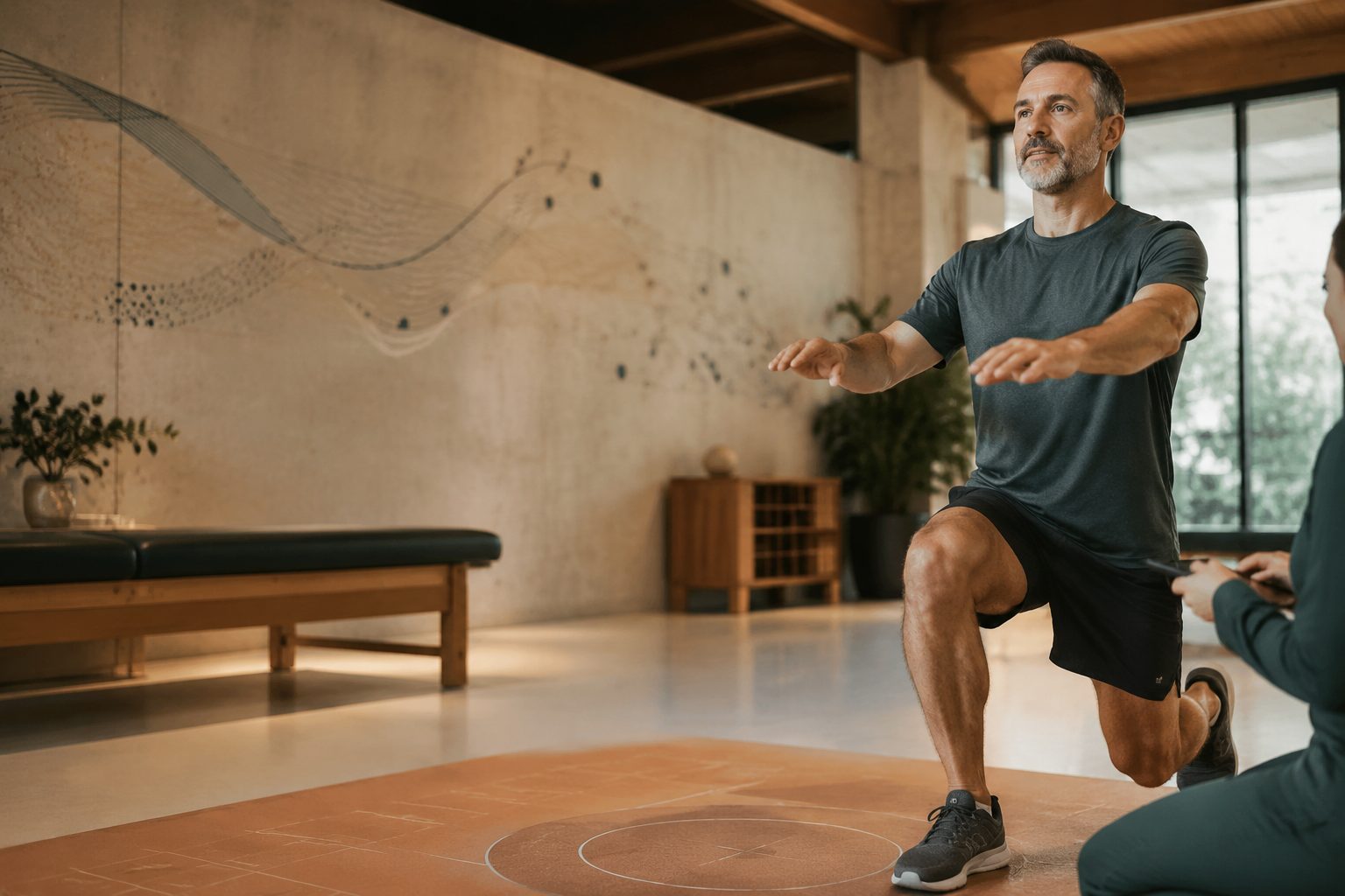 A man performing a lunge in a bright gym while a trainer looks on
