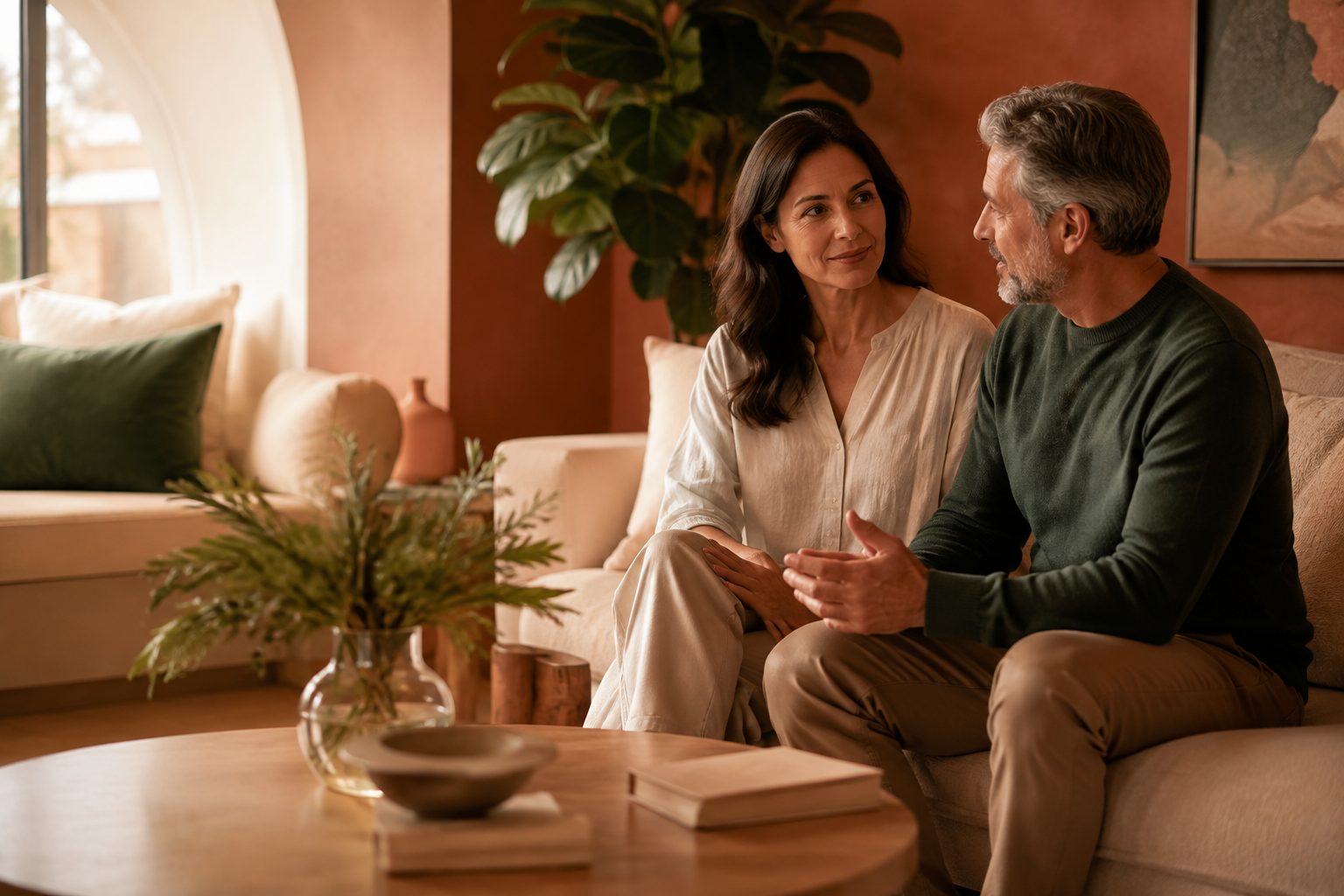 A man and a woman sitting on a sofa talking in a warm living room