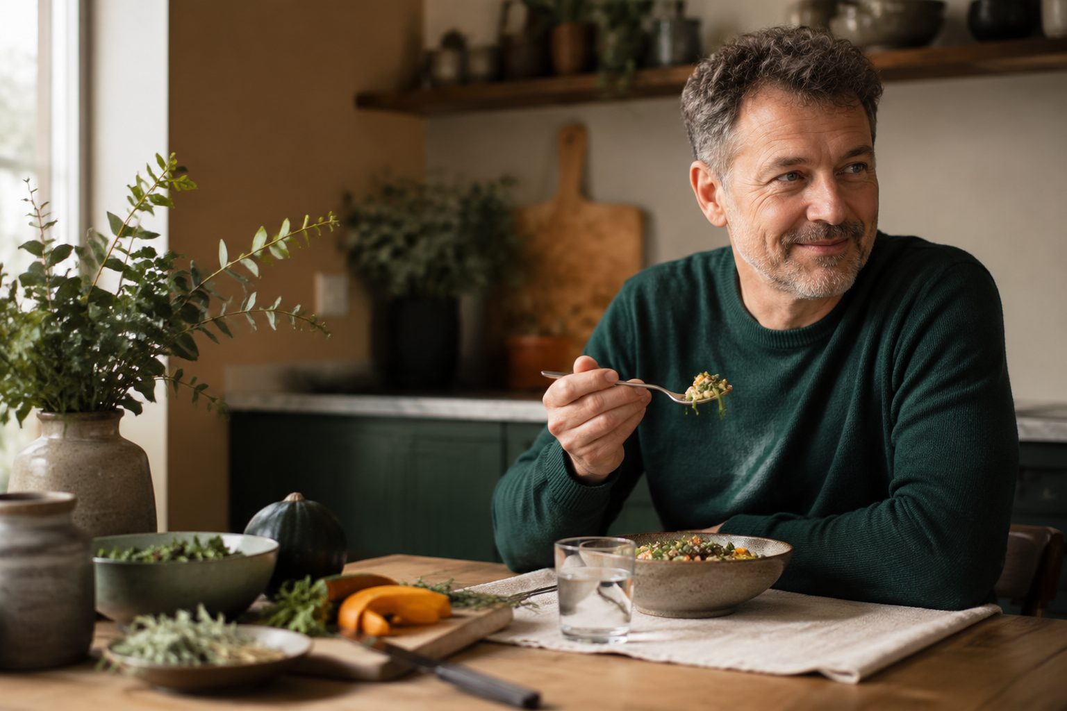 A man smiling over a healthy meal at a wooden table