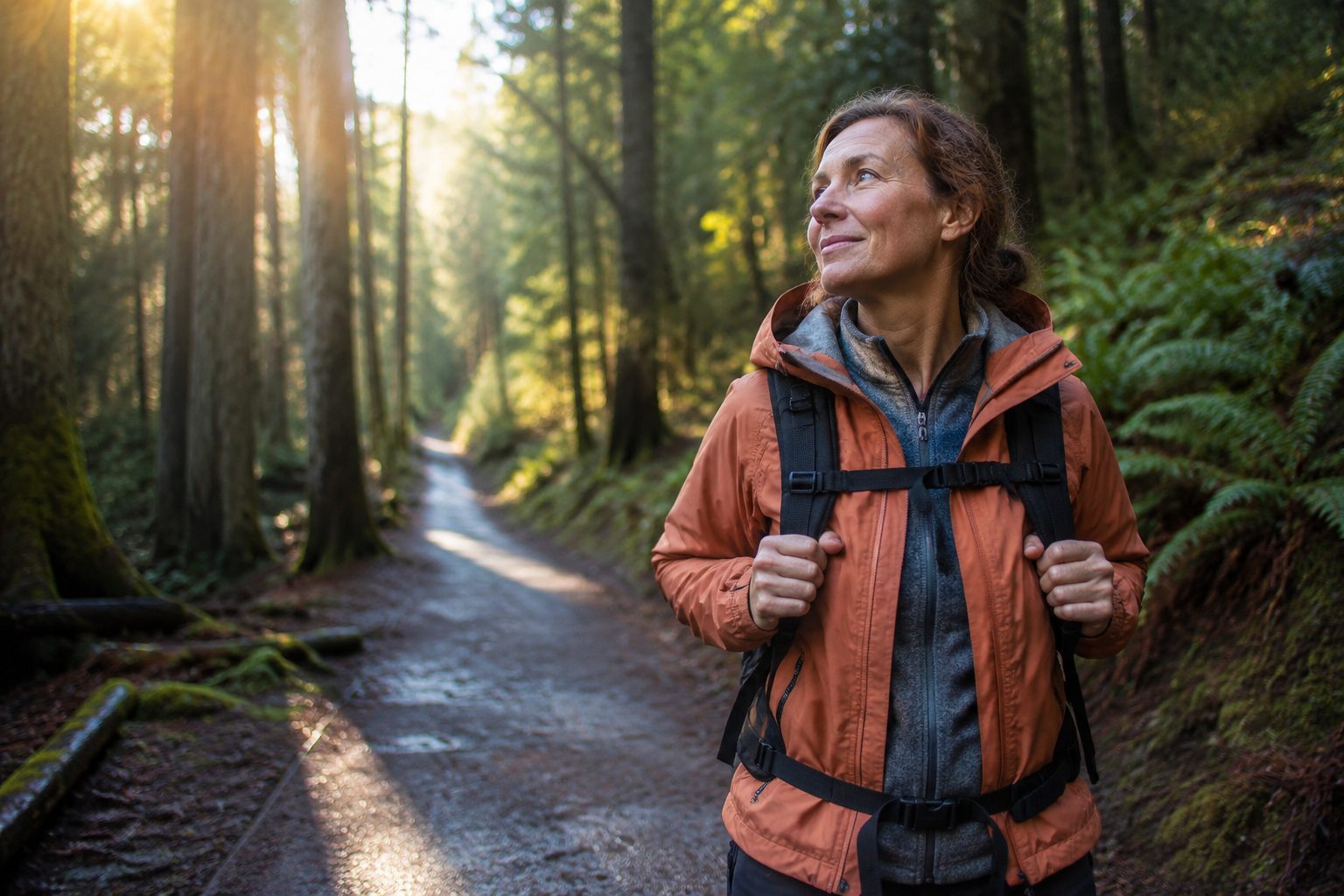 A woman with a backpack pausing on a forest trail in morning light
