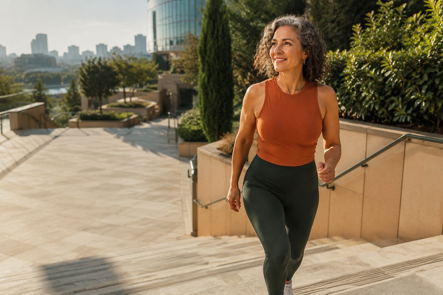 A woman walking up outdoor steps on a sunny city terrace