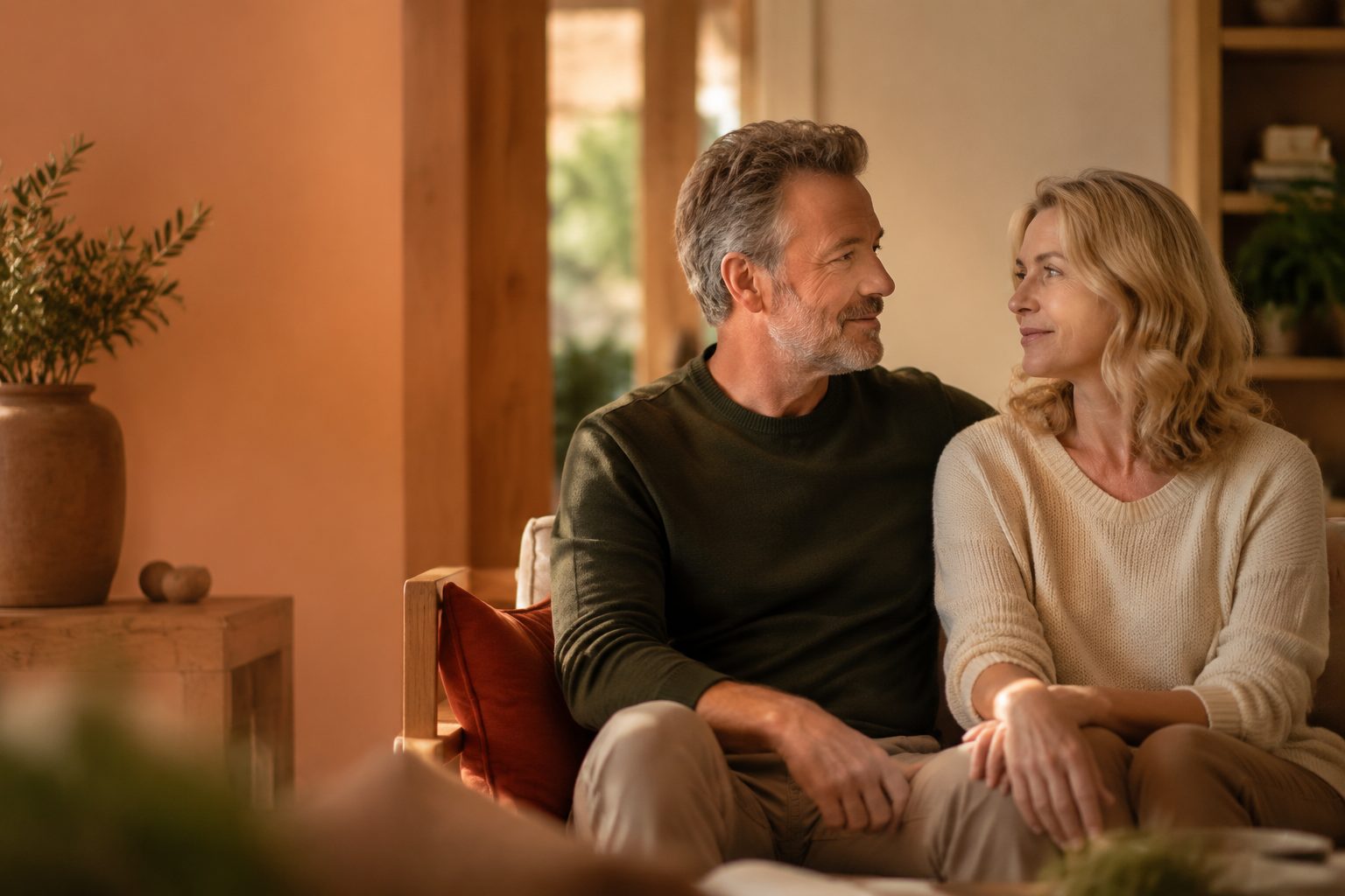A couple sitting close together on a sofa in a warm living room