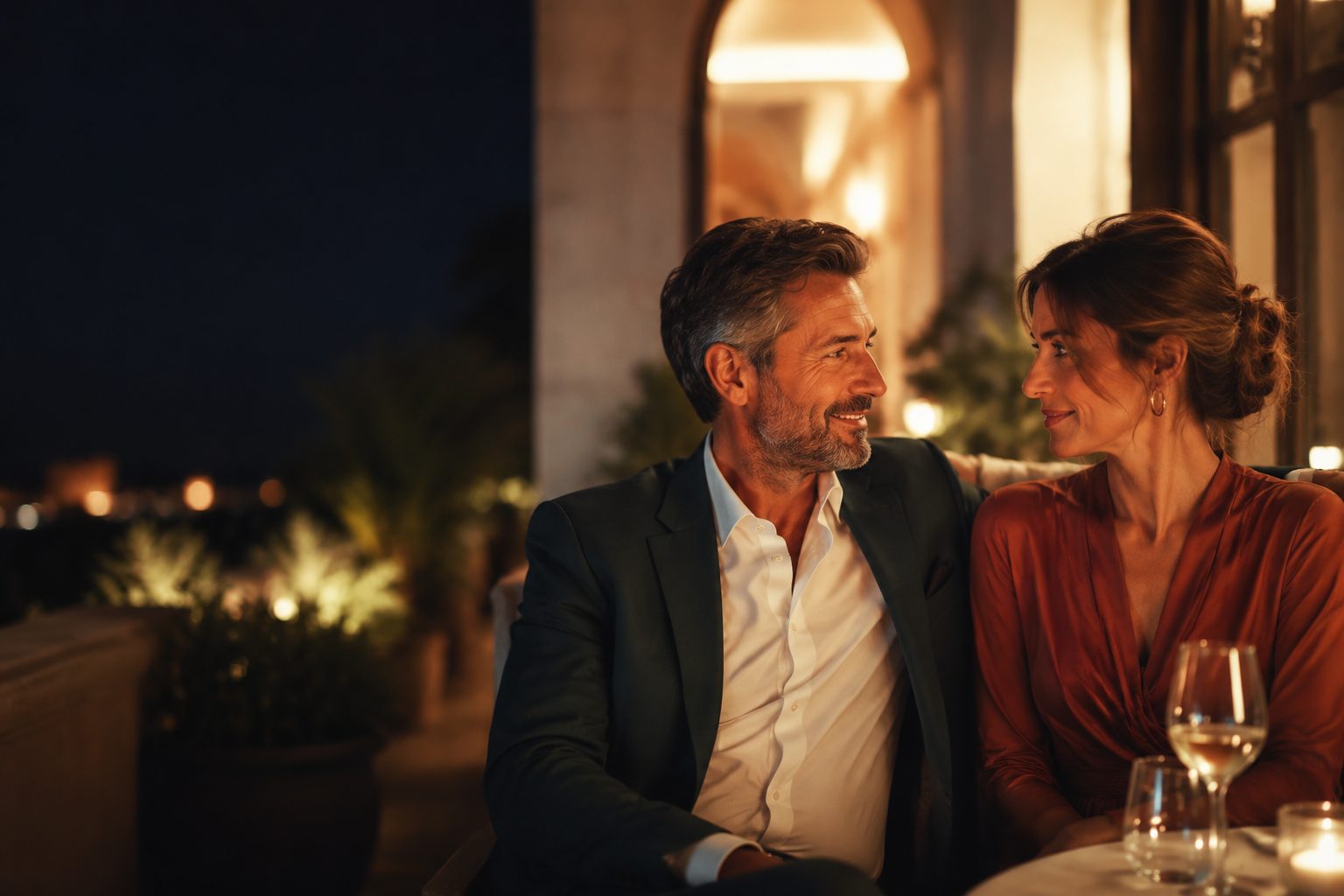 A couple sitting together at an outdoor dinner table in the evening