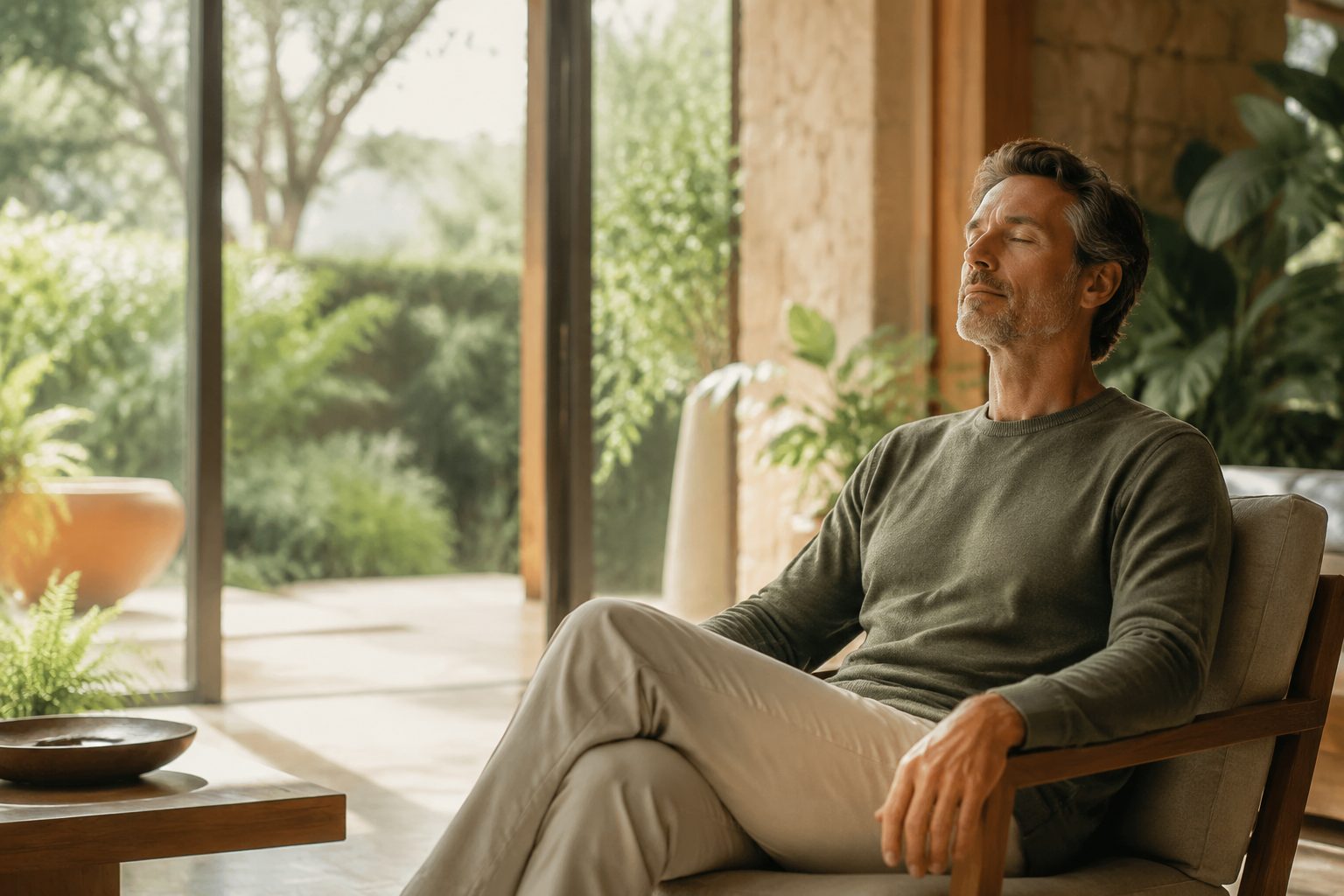 A man resting in an armchair with his eyes closed beside a garden window