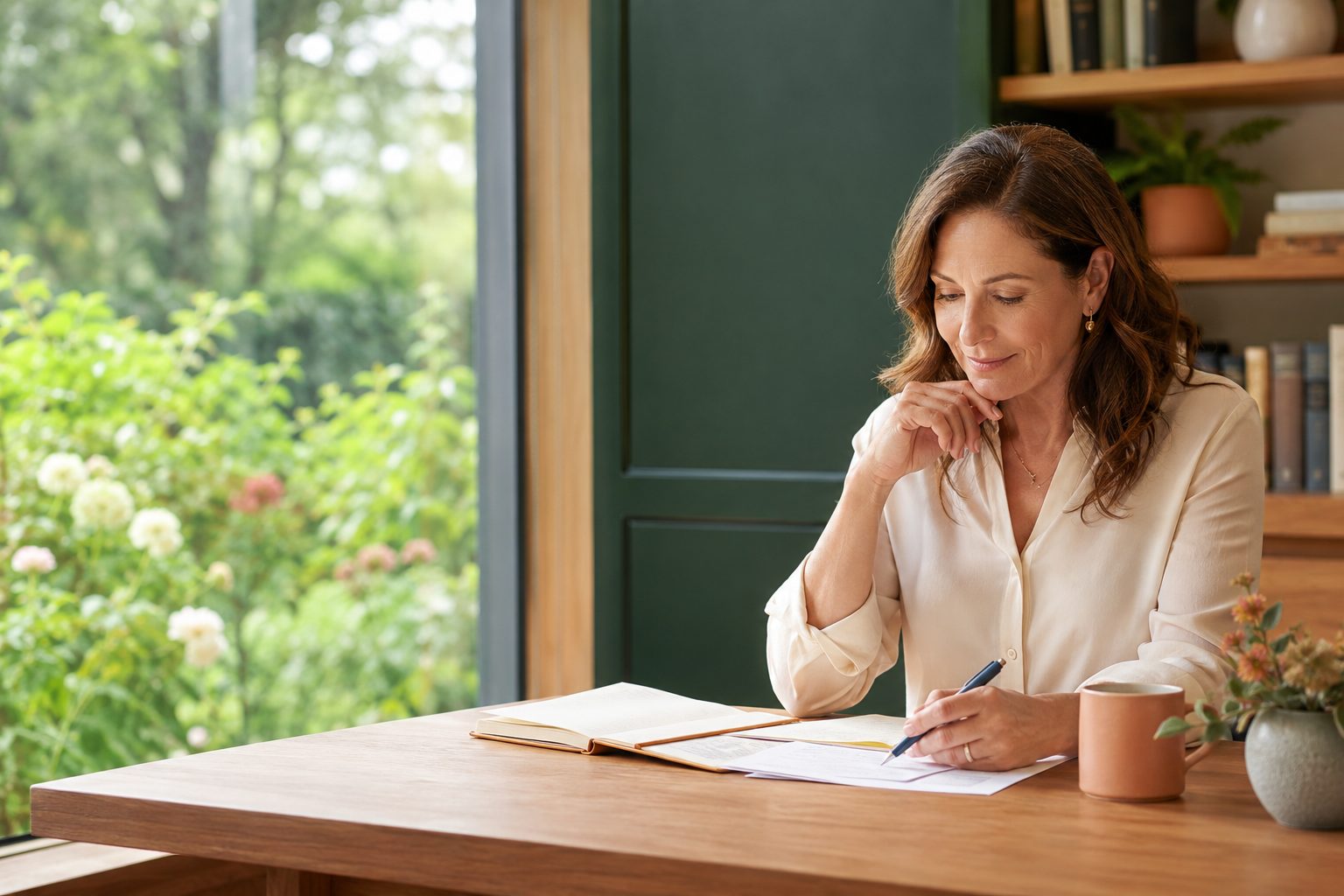 A woman writing at a wooden desk beside a garden window