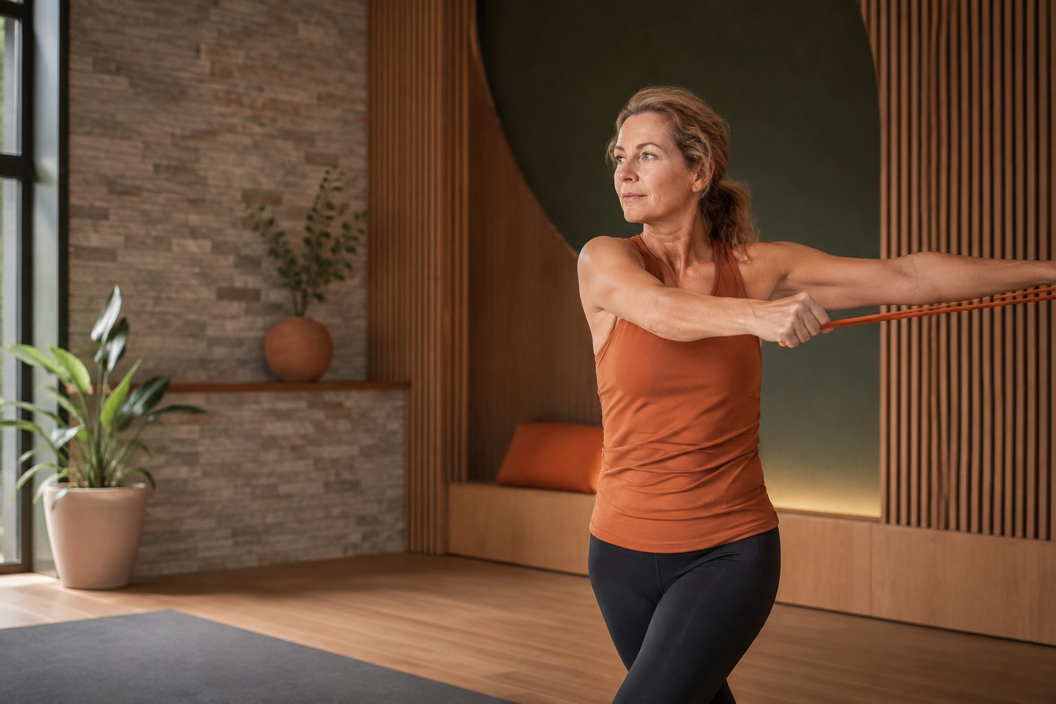 A woman pulling a resistance band in a bright movement studio