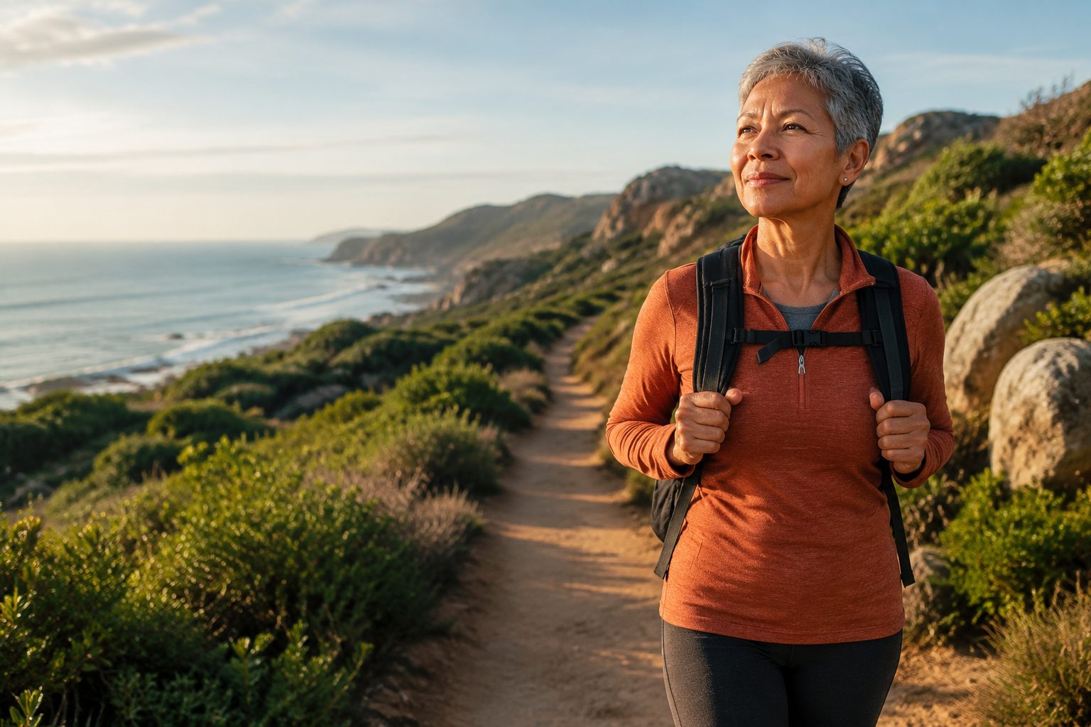 A woman with a backpack hiking a coastal trail at sunrise