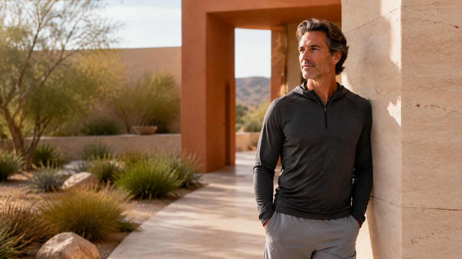 A man standing outside a warm adobe-toned Southwestern building, resting against a stone wall in morning desert light