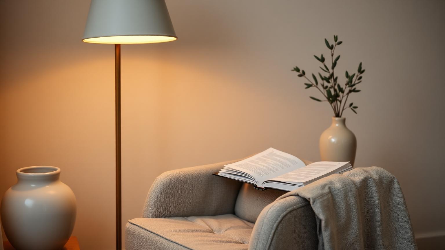 A quiet reading corner with a linen chair, open book, and warm lamplight