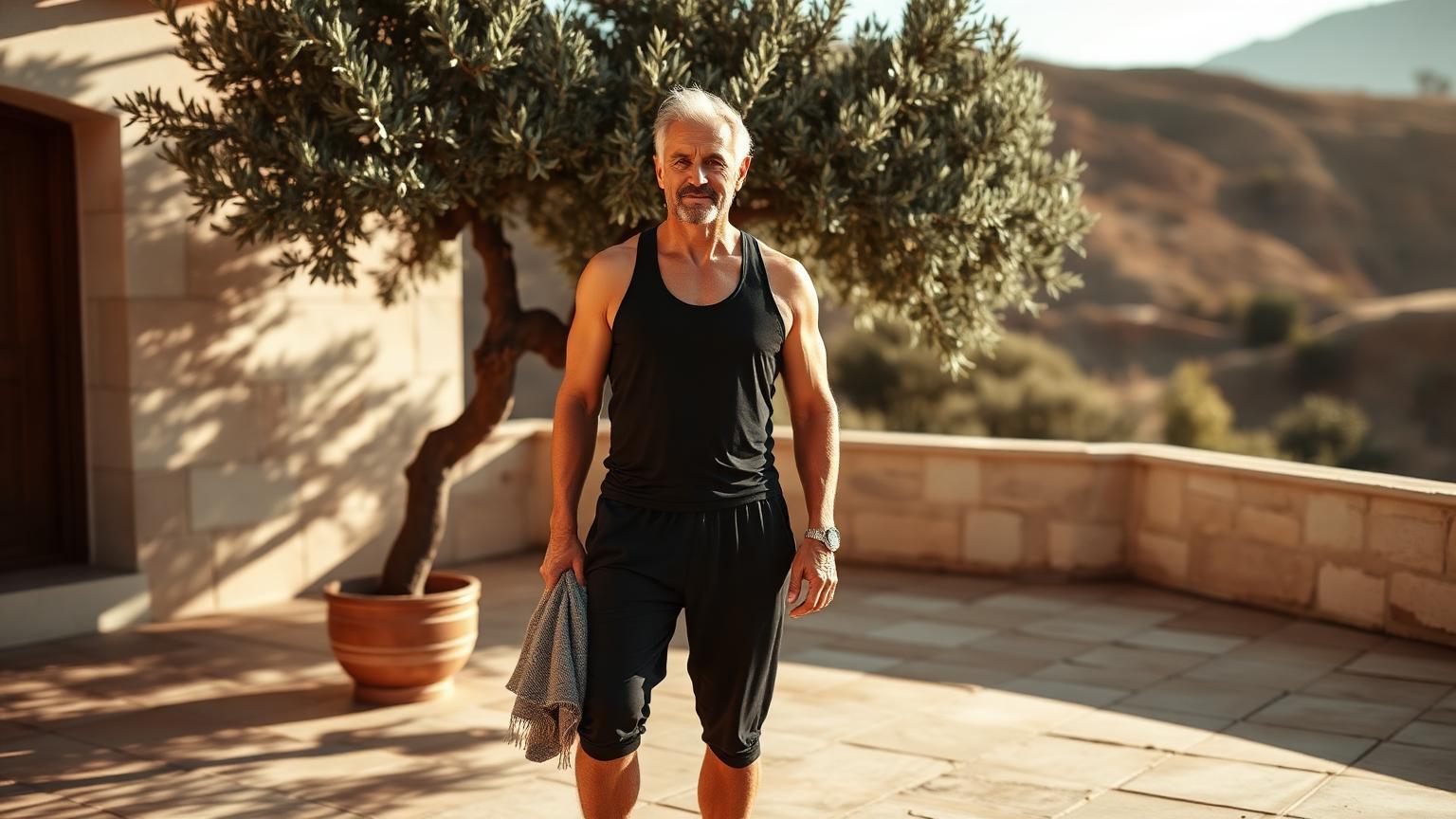 A man standing calmly after training on a sunlit stone terrace beside an olive tree