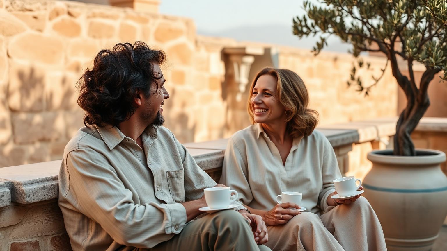 A couple sitting together and talking over coffee on a sunlit stone terrace