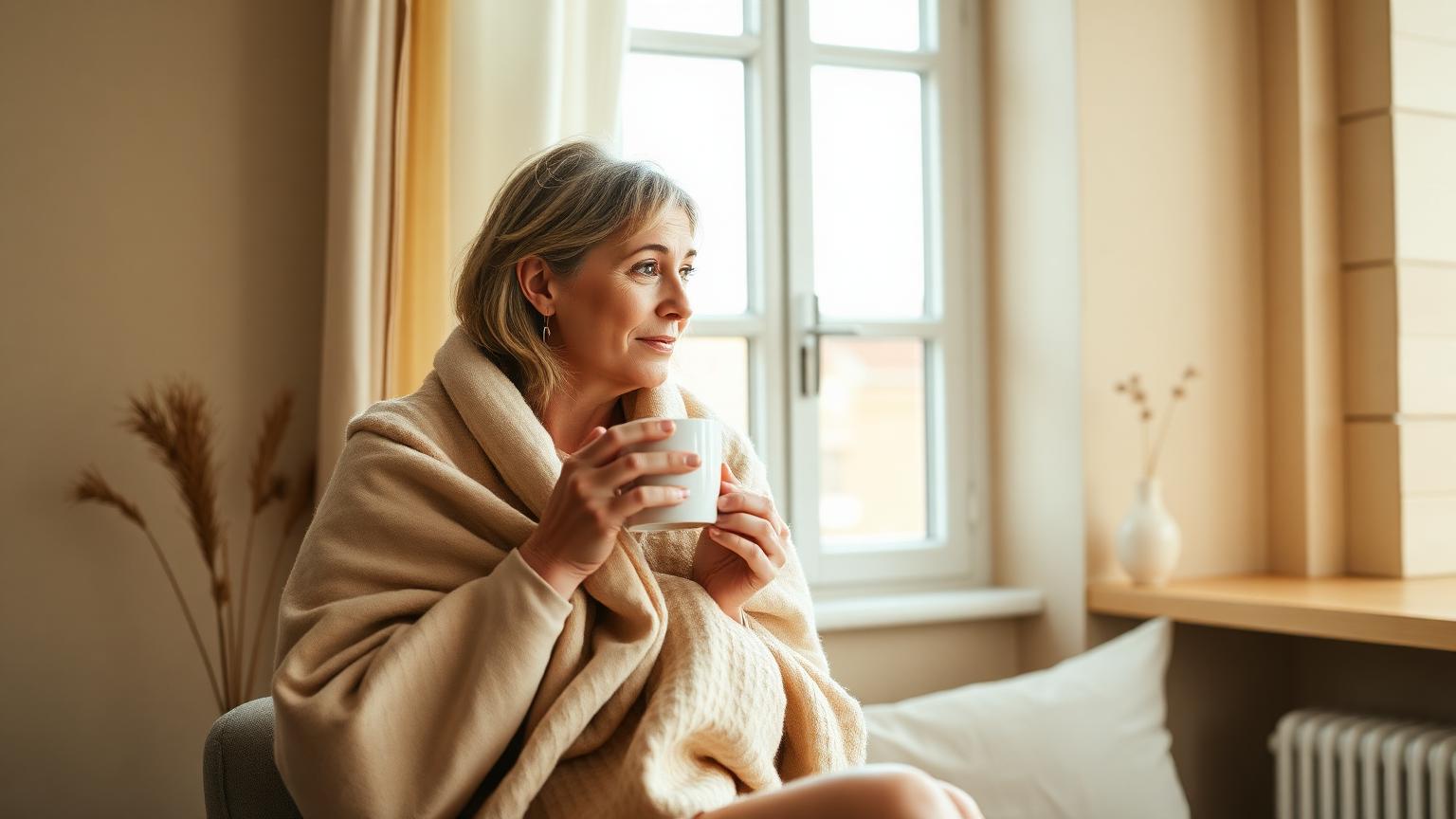 A woman wrapped in a linen throw holding a warm mug beside a bright window