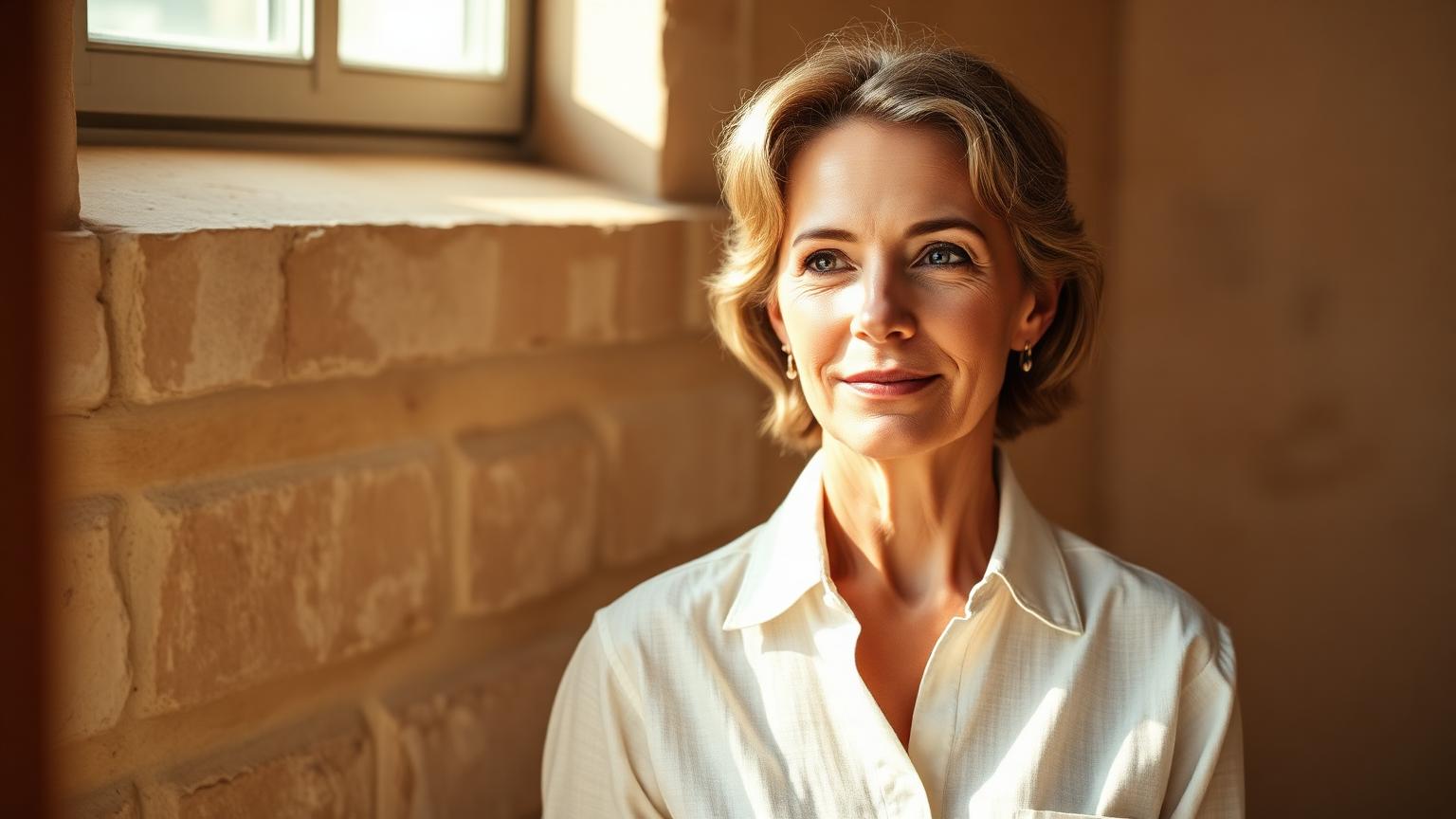 A woman standing in soft window light against a warm limestone wall