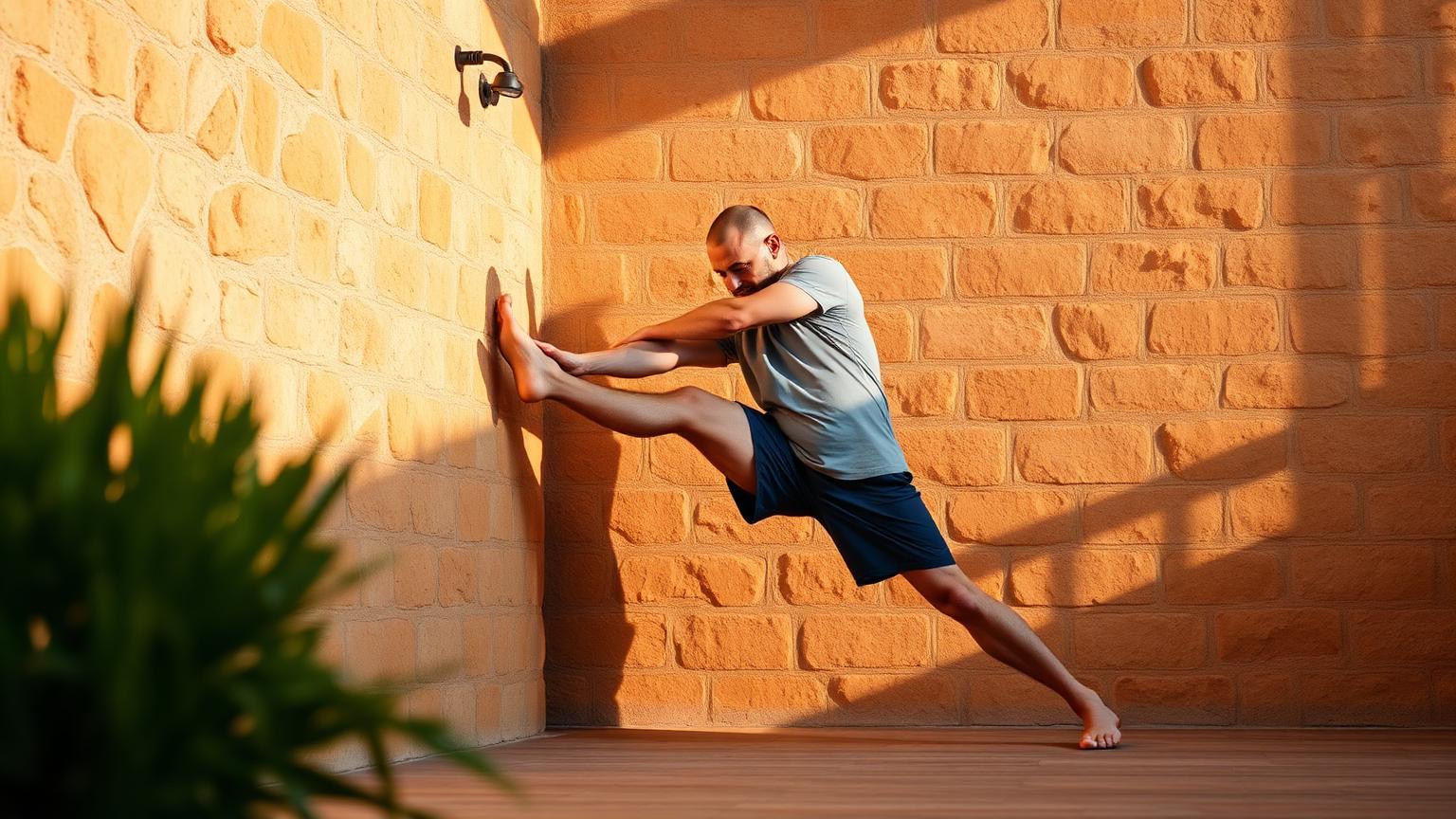 A man stretching against a sunlit limestone wall on a terrace